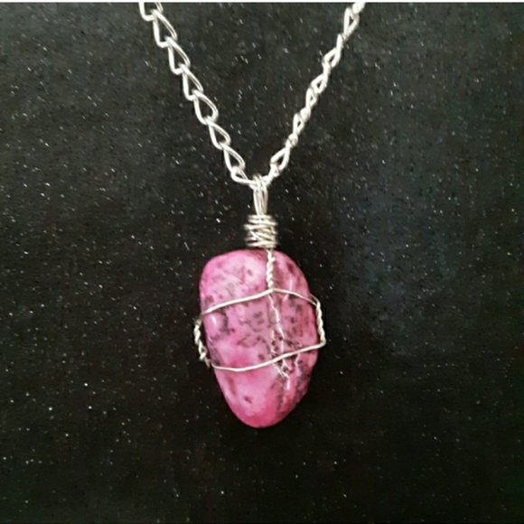 Jewelry - Pink rhodonite wire wrapped stone silver necklace